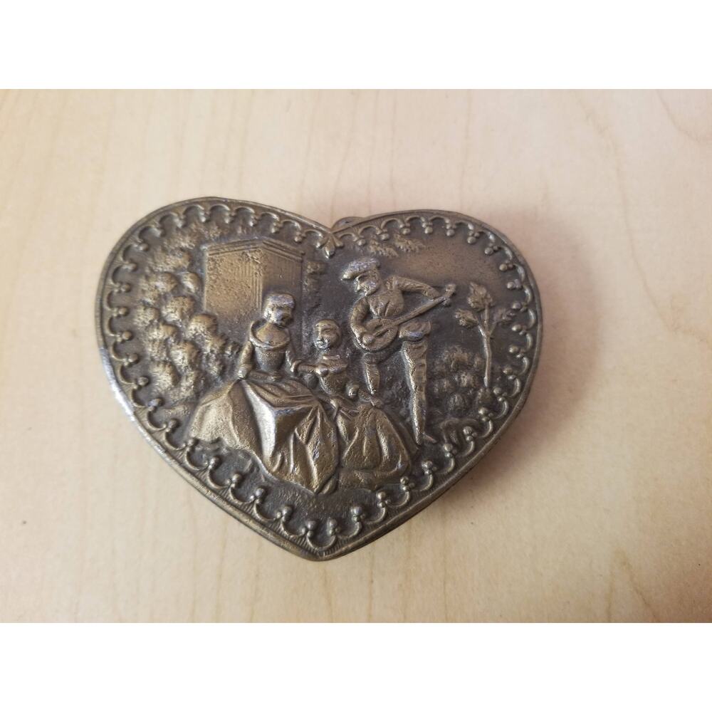 Vintage American Pewter Work Heart-Shaped Courting Scene Solid Brass Belt Buckle